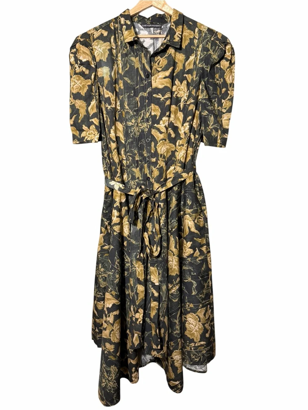 Black Floral Midi Shirt Dress with Gold Botanical Print - Picture 1 of 7